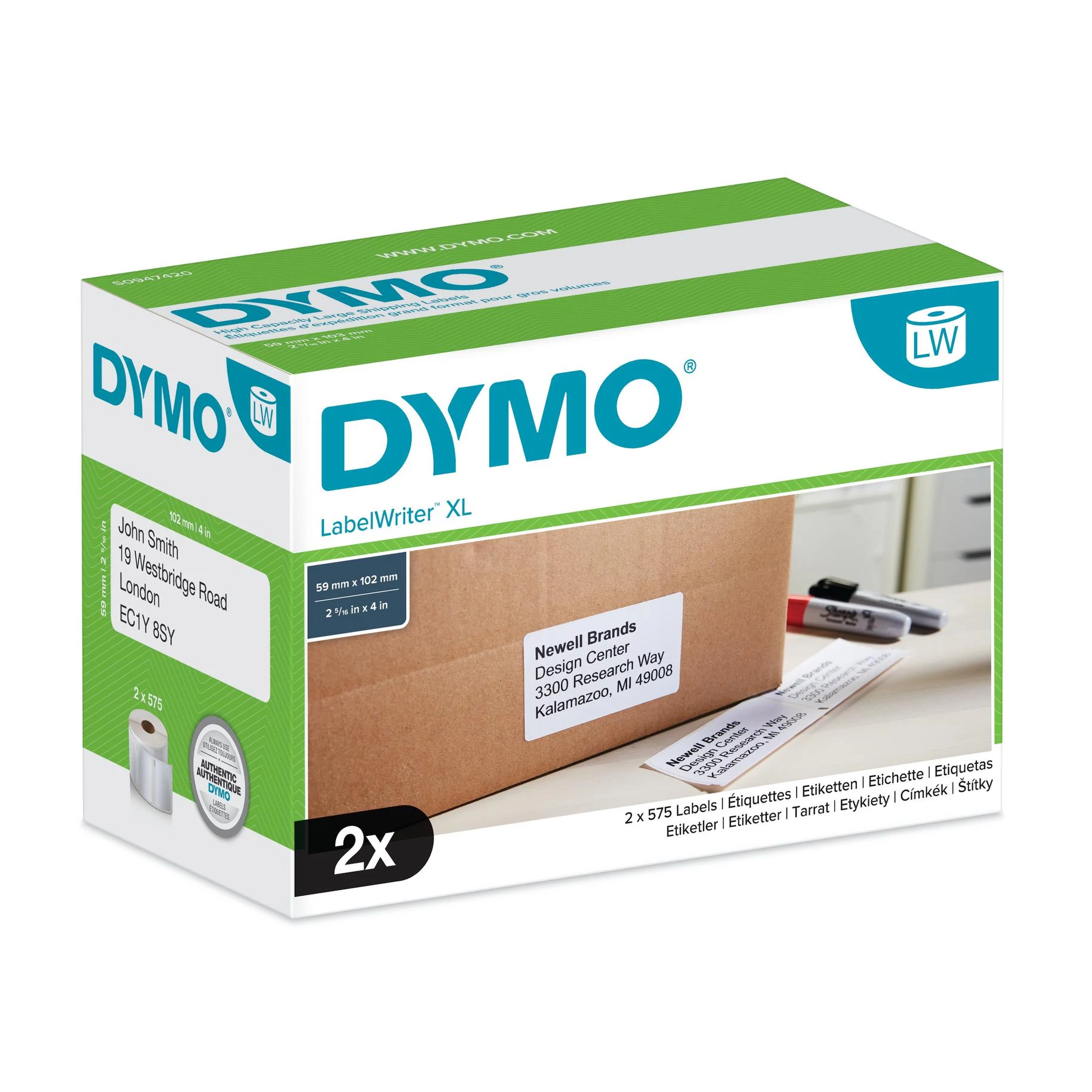 LabelWriter Shipping Labels for 4XL&5XL, 102mmx59mm, 2 Rolls of 575 labels